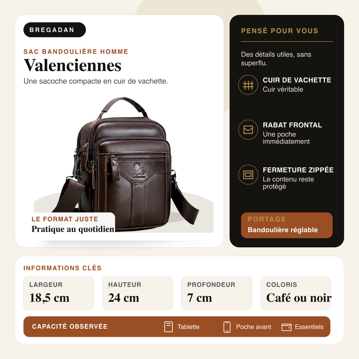 Valenciennes — infographie Bregadan V3 : Une sacoche compacte en cuir de vachette; largeur 18,5 cm, hauteur 24 cm