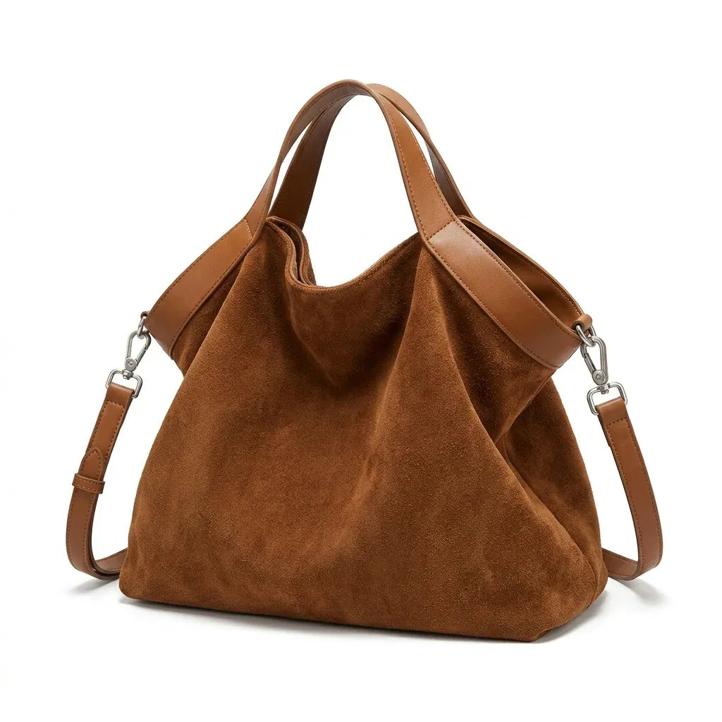 Vannes - Sac à main en cuir véritable, grande capacité - packshot sur fond blanc, coloris cognac