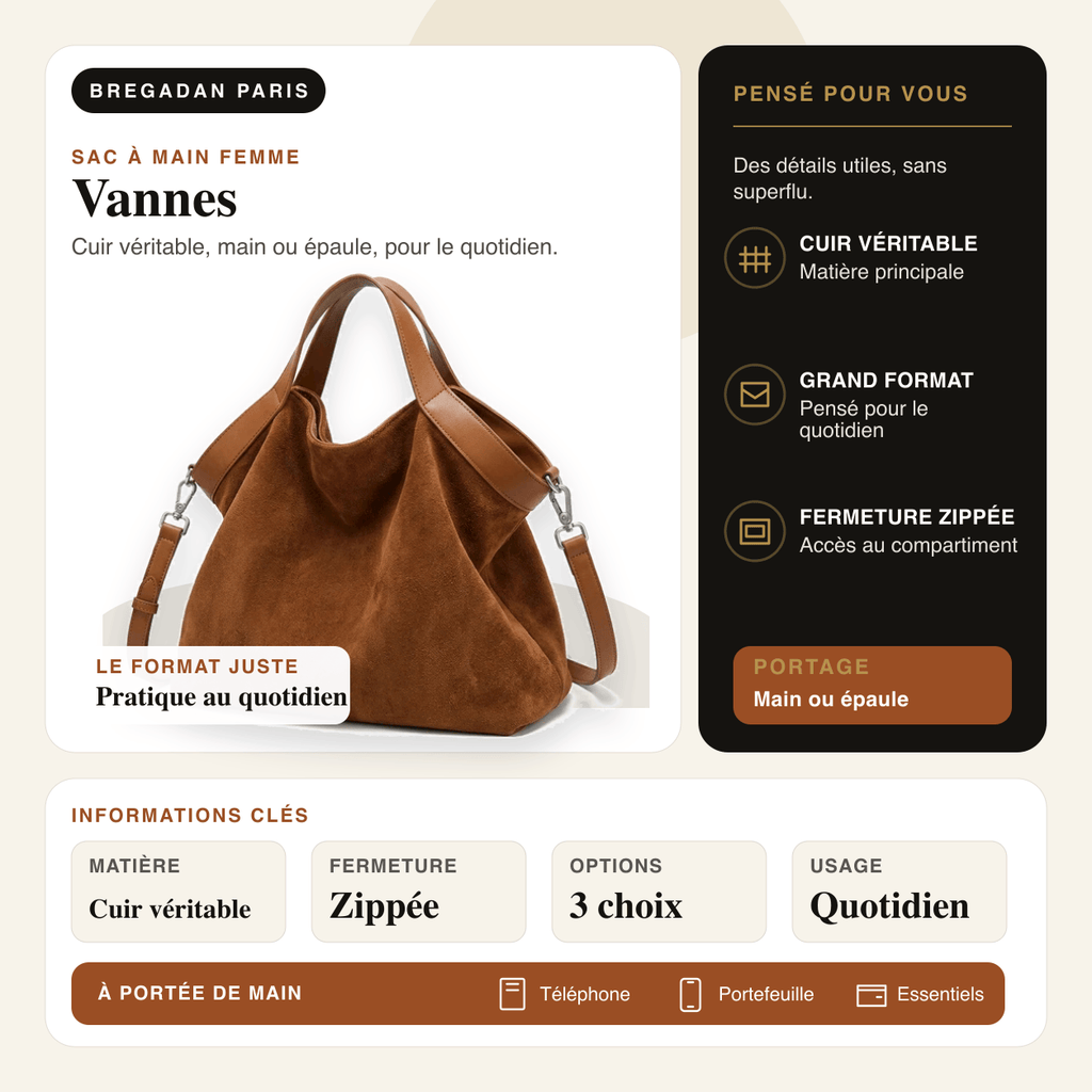 Vannes — infographie Bregadan V3 : cuir véritable, main ou épaule