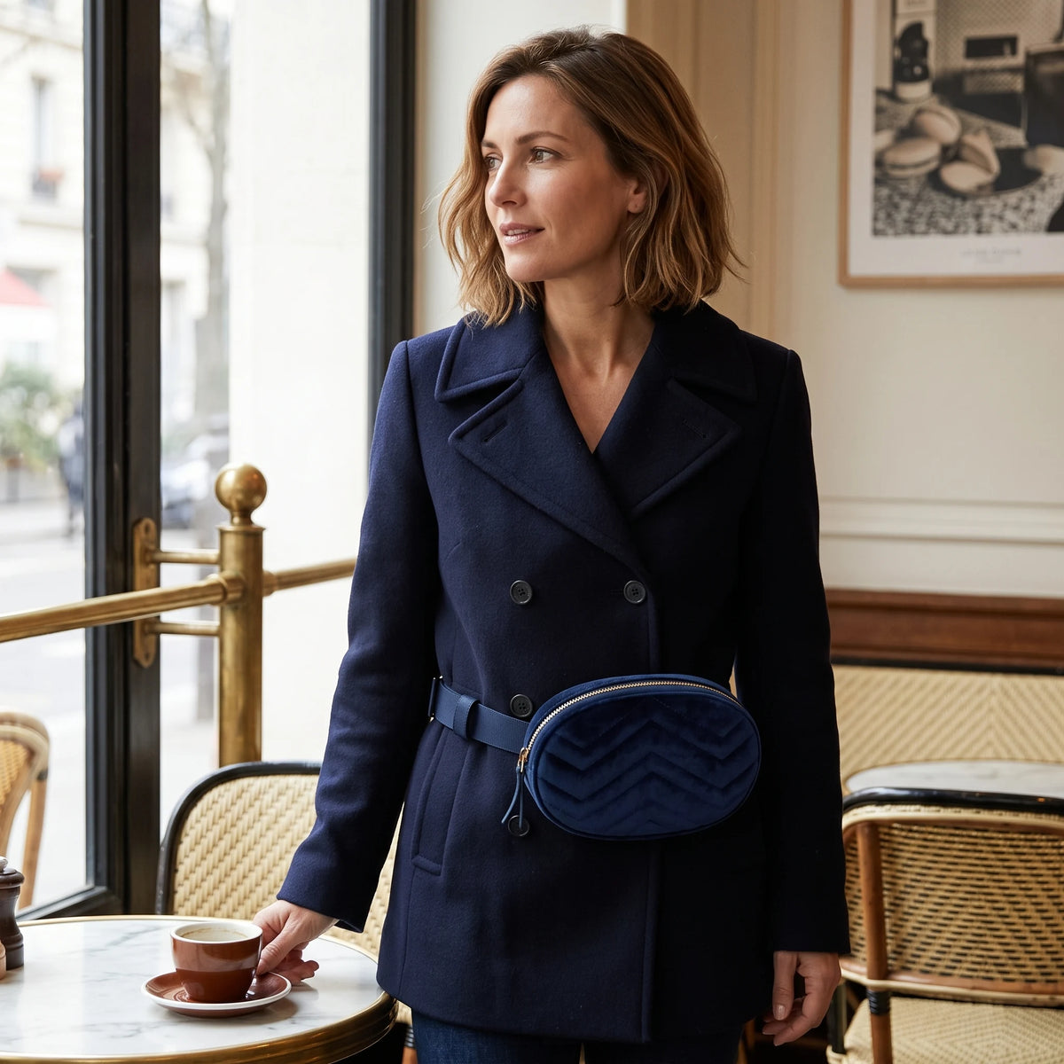 Vaulx-en-Velin - sac banane rond bleu porté par une femme au café