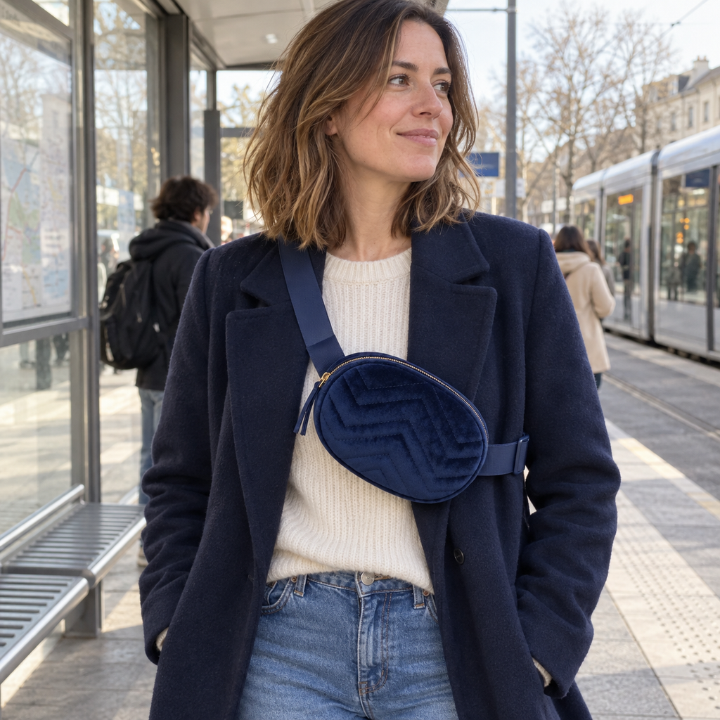 Vaulx-en-Velin - Sac banane simili cuir, ceinture ronde — photo naturelle en situation, arrêt de tram