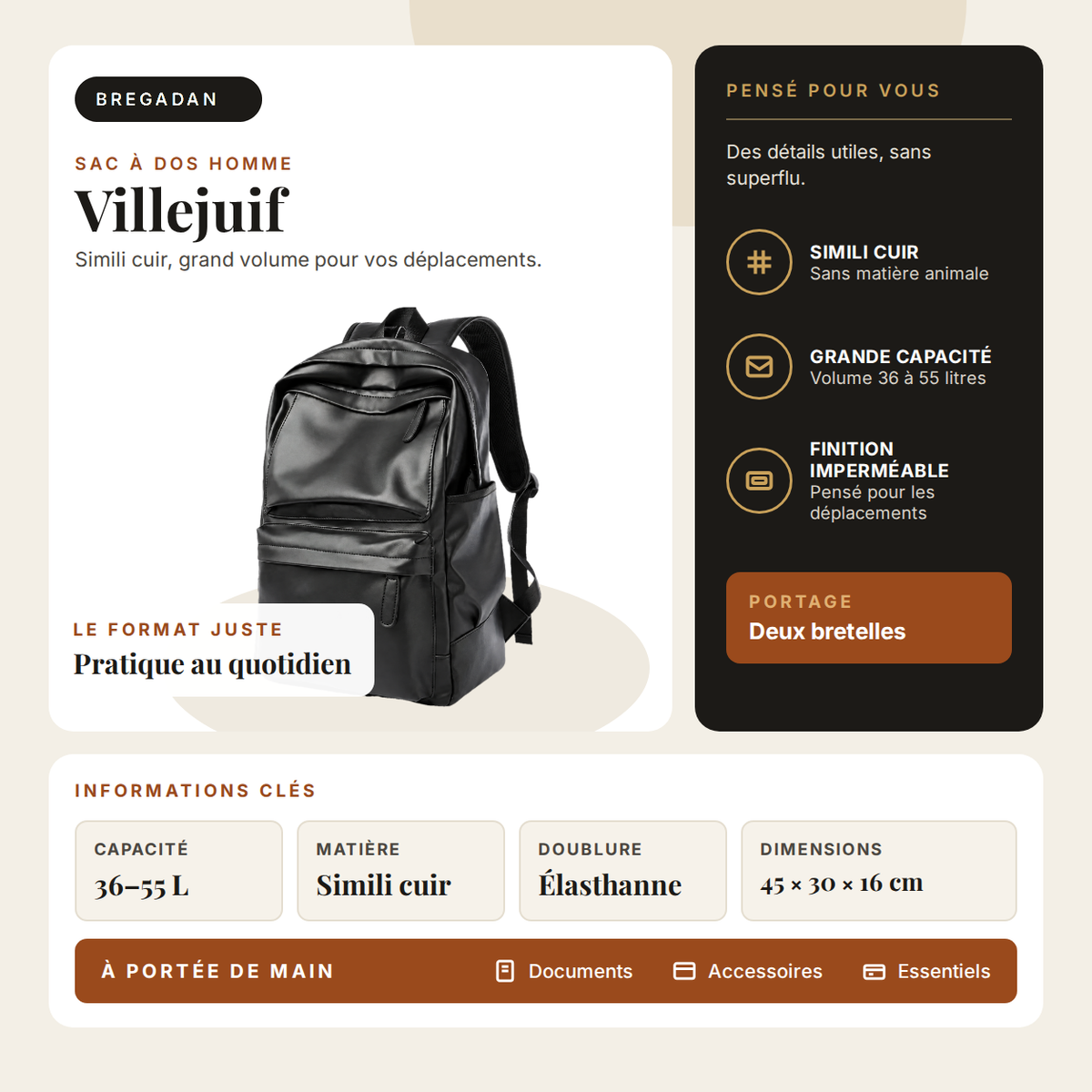 Villejuif — infographie Bregadan V3 : sac à dos en simili cuir imperméable, 45 × 30 × 16 cm, capacité 36 à 55 litres.
