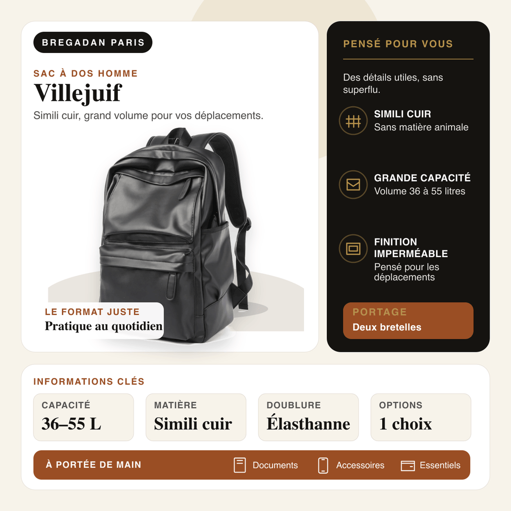 Villejuif — infographie Bregadan V3 : sac à dos en simili cuir imperméable, capacité 36 à 55 litres.