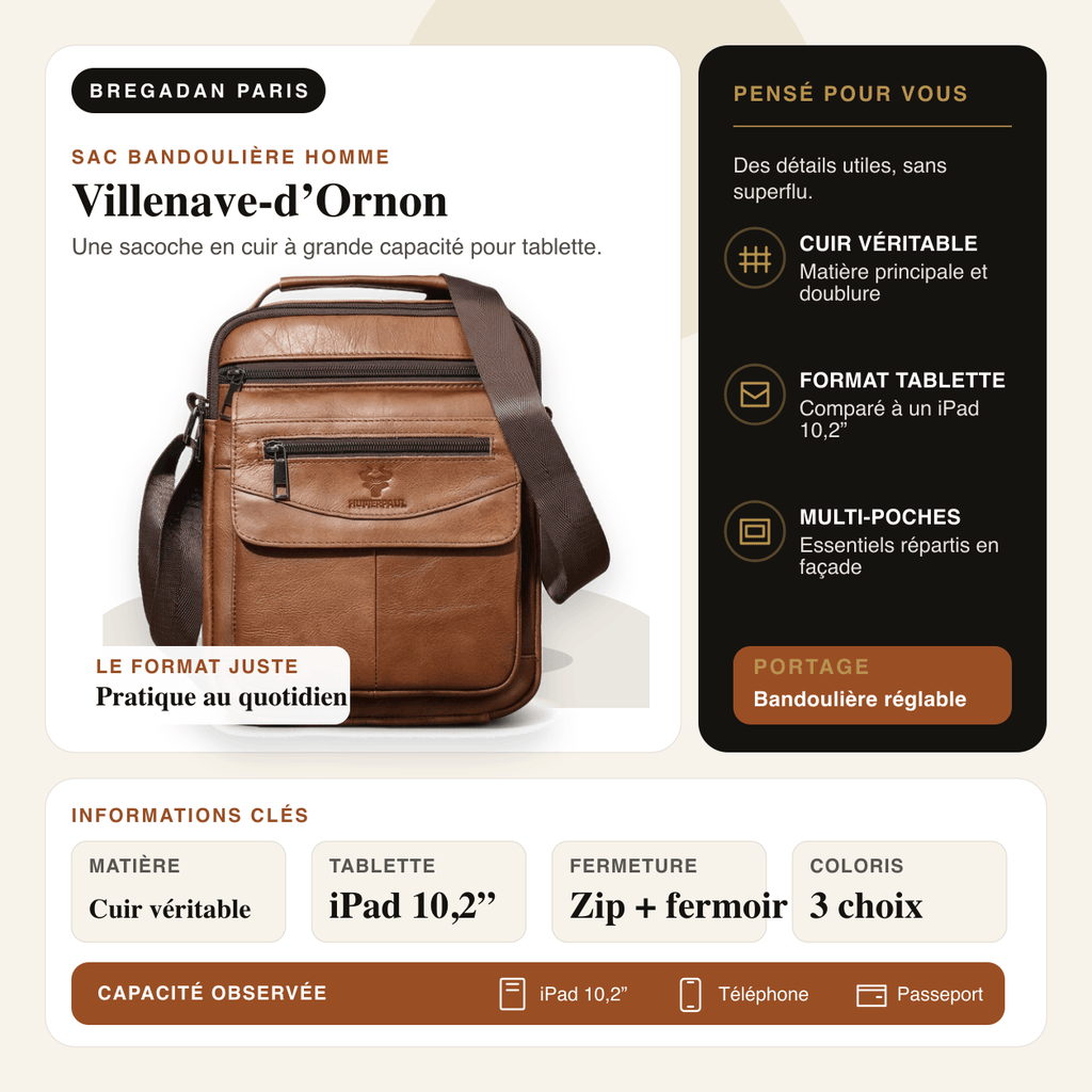 Villenave-d’Ornon — infographie Bregadan V3 : Une sacoche en cuir à grande capacité pour tablette; matière Cuir