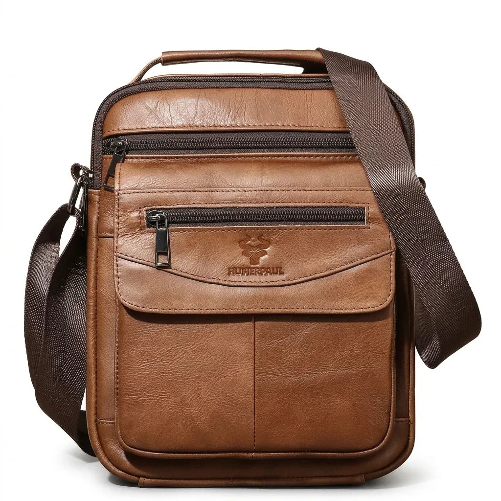 Villenave-d'Ornon - Sacoche bandoulière en cuir véritable, grande capacité - packshot sur fond blanc, coloris brun cognac