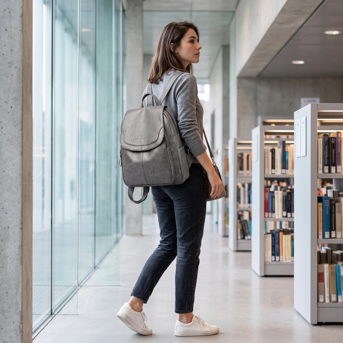 Villeneuve-d'Ascq - sac à dos gris porté par une femme à la bibliothèque