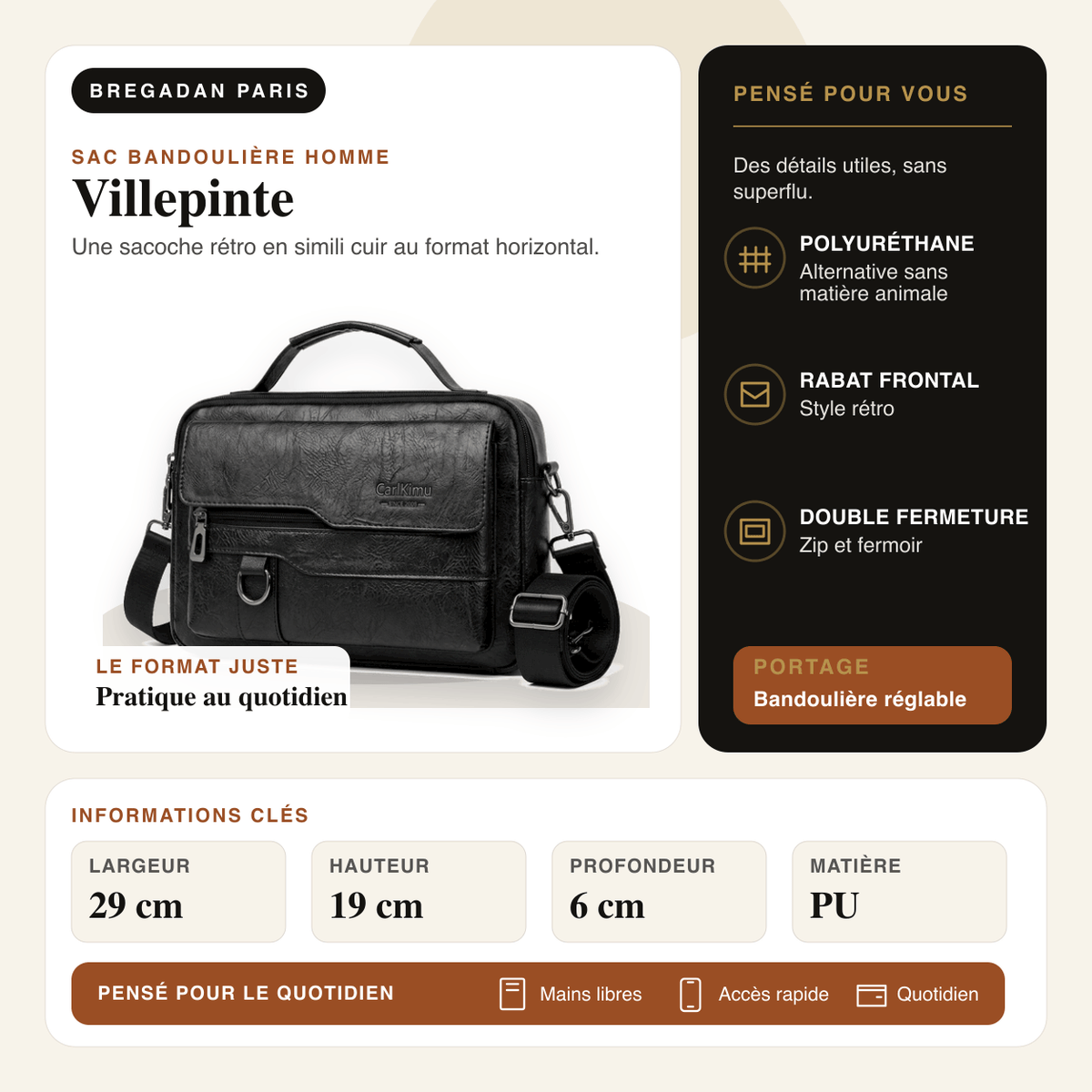 Villepinte — infographie Bregadan V3 : Une sacoche rétro en simili cuir au format horizontal; largeur 29 cm, hauteur