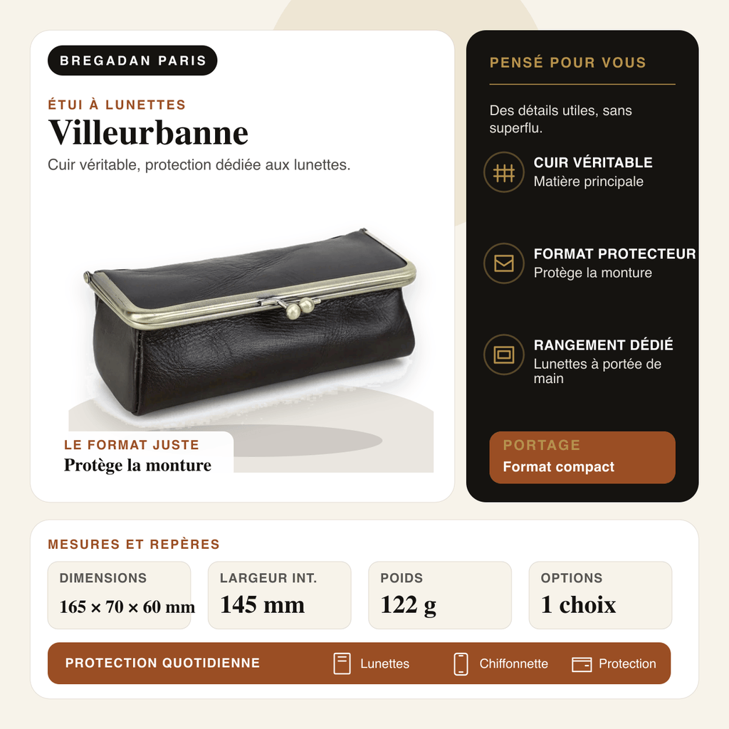 Villeurbanne — infographie Bregadan V3 : cuir véritable, protection dédiée aux lunettes, dimensions 165 × 70 × 60 mm