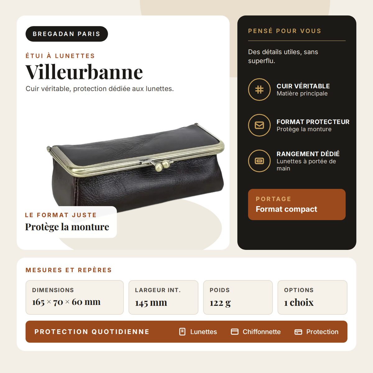 Villeurbanne — infographie Bregadan V3 : cuir véritable, protection dédiée aux lunettes, dimensions 165 × 70 × 60 mm