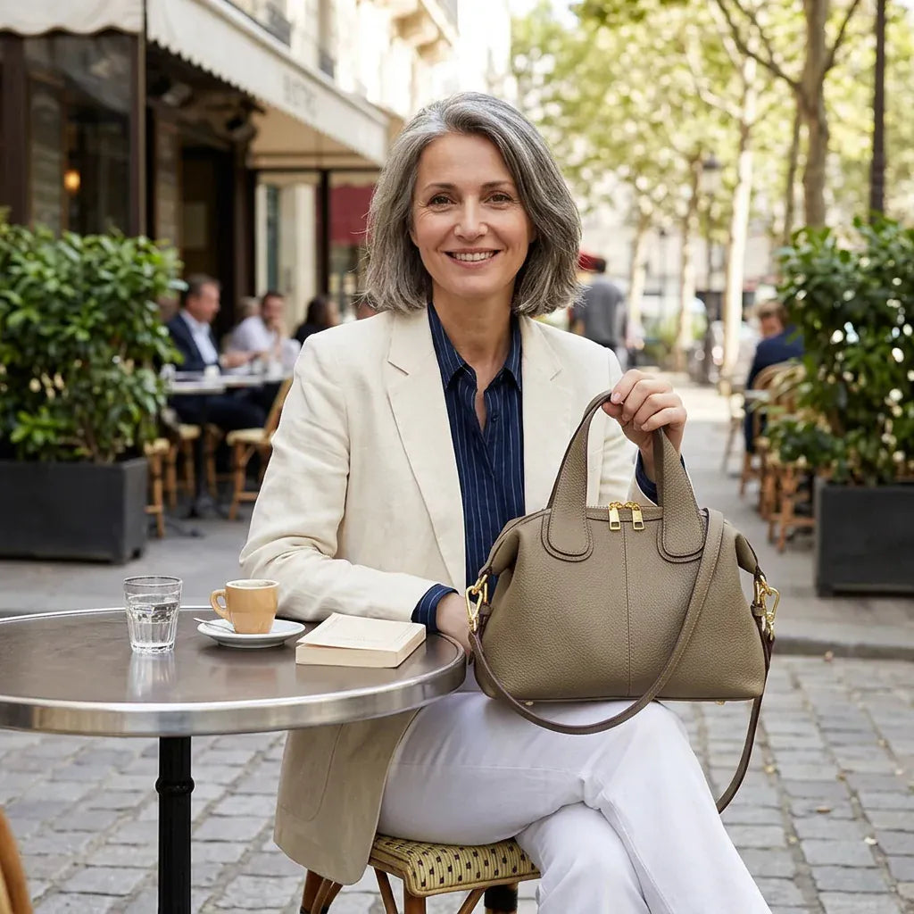 Vincennes - Sac bandoulière en cuir de vache naturel - mise en situation, coloris taupe