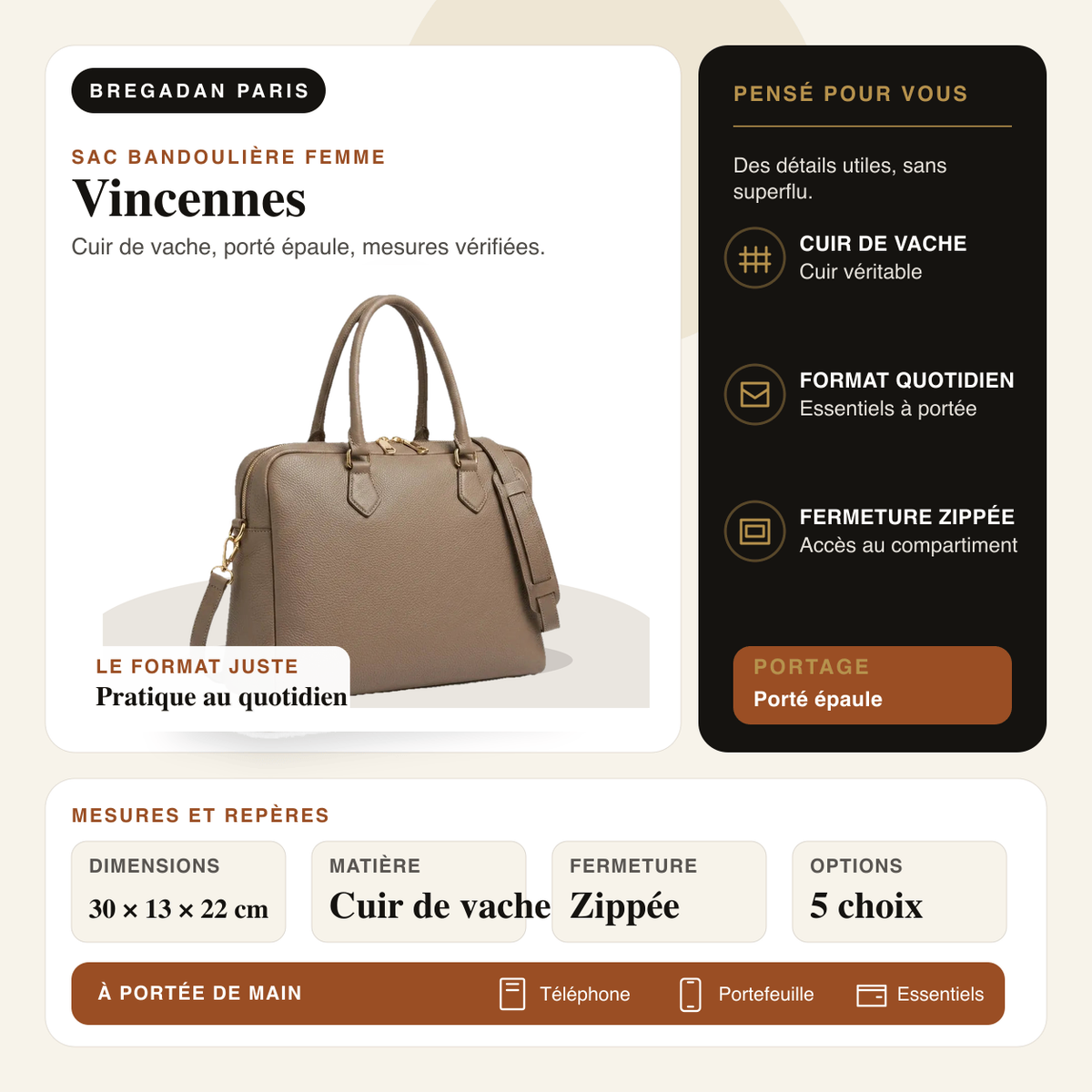 Vincennes — infographie Bregadan V3 : cuir de vache, porté épaule, dimensions 30 × 13 × 22cm