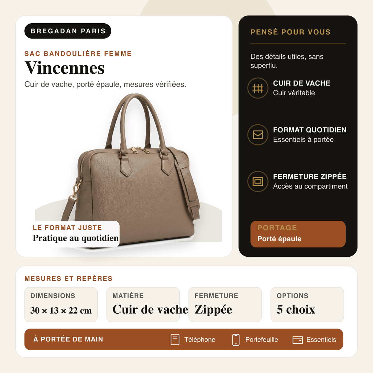 Vincennes — infographie Bregadan V3 : cuir de vache, porté épaule, dimensions 30 × 13 × 22cm